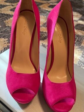 Hot Pink Suede Peep-Toe Heels